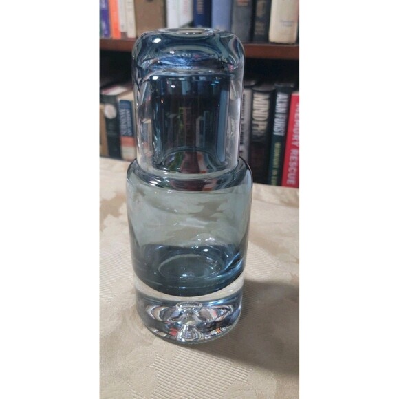 VTG Krosno Poland Blue Blown Glass Decanter Tumble Up Bedside Carafe Bubble MCM - Picture 2 of 16